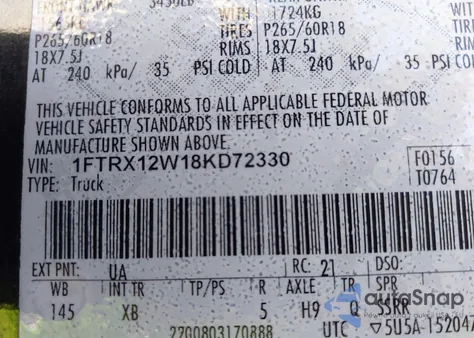 2008 Ford F-150 Fx2/Stx/Xl/Xlt from USA, damaged, VIN 1FTRX12W18KD72330
